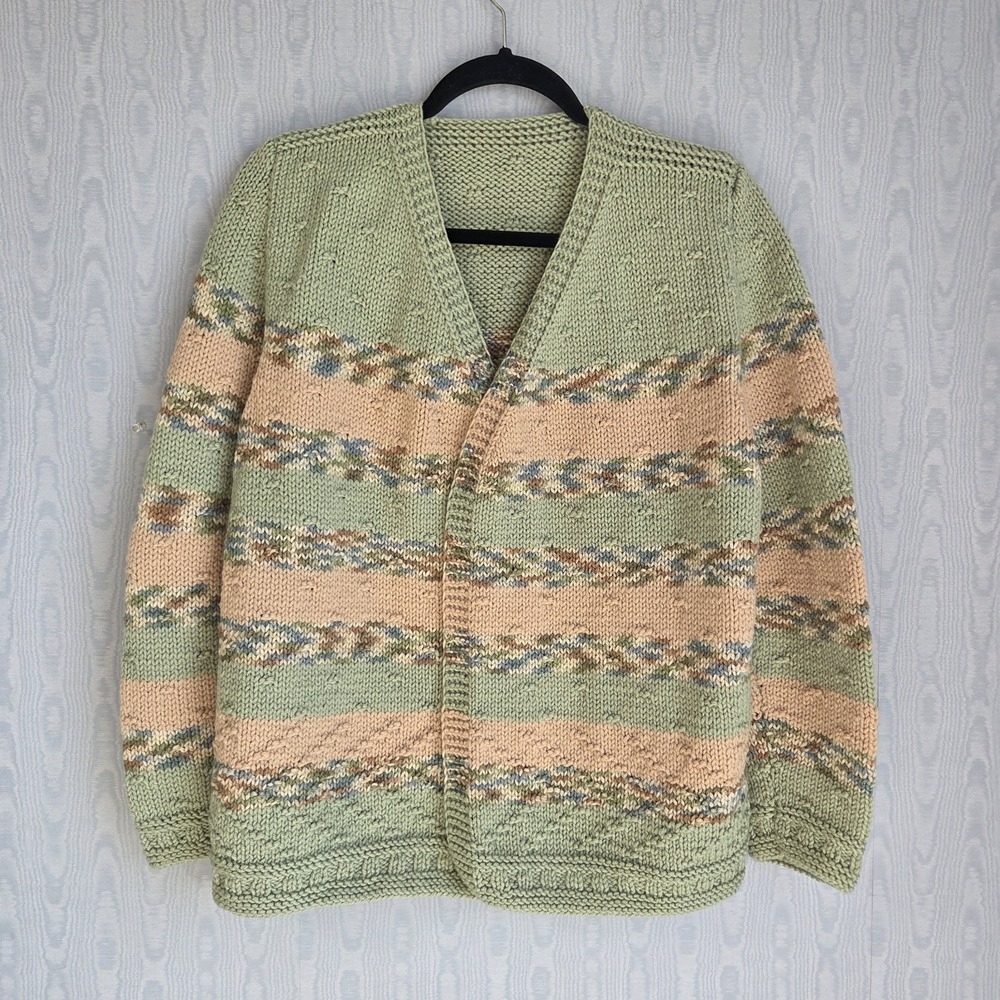 Hand Knit‎ Womens Cardigan Sweater Medium Large Striped Green Beige Grandma